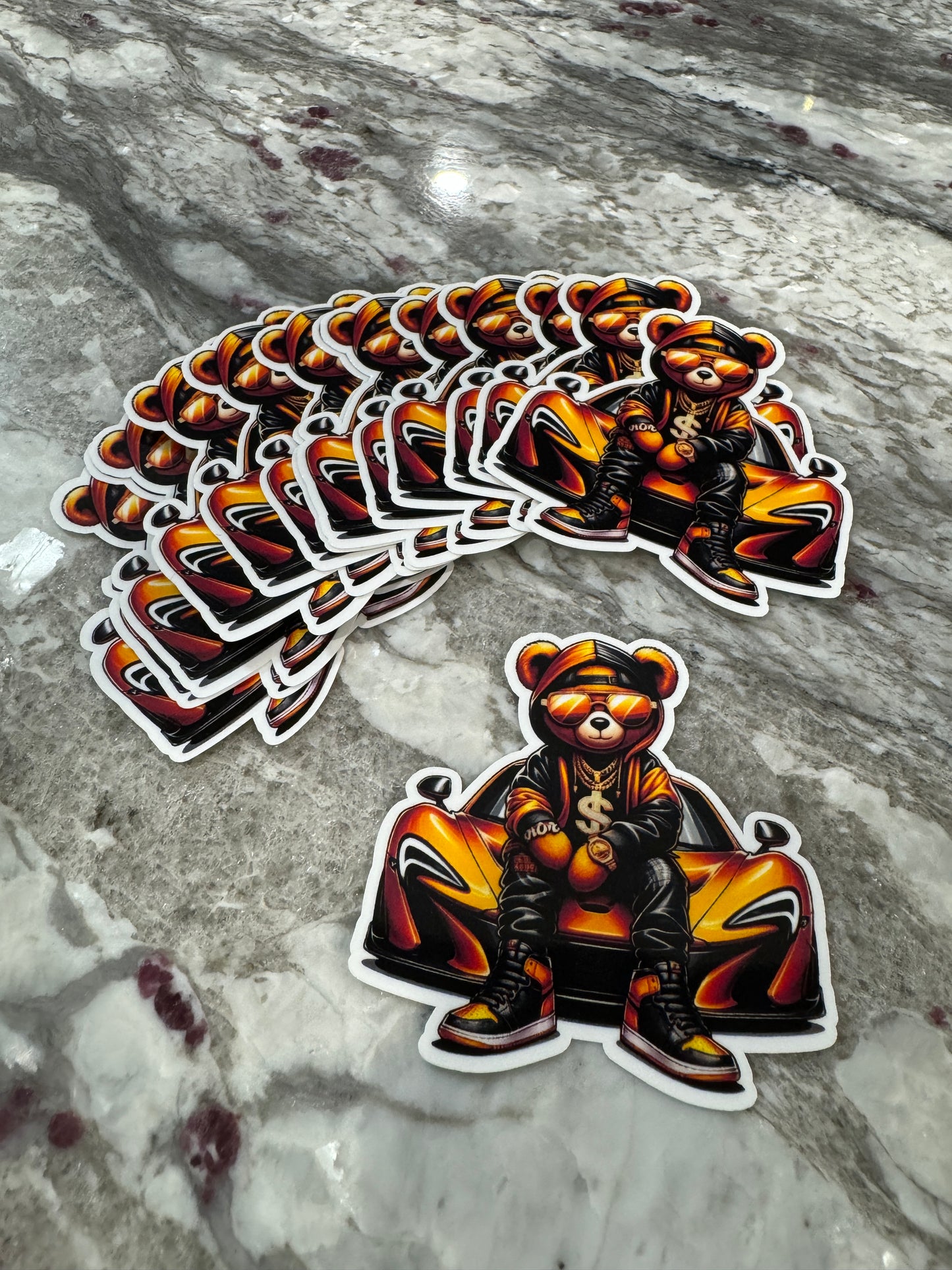 Sports Car Teddy Bear Orange Sticker